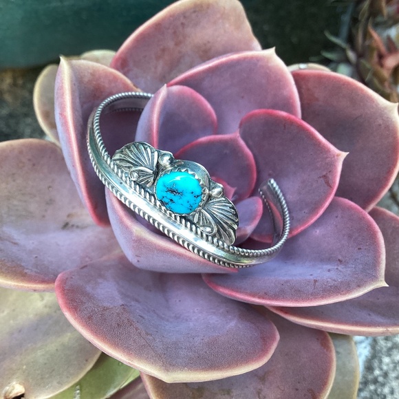 Signed Richard Begay Native American Sterling & Turquoise Baby/Toddler Cuff - Picture 1 of 7